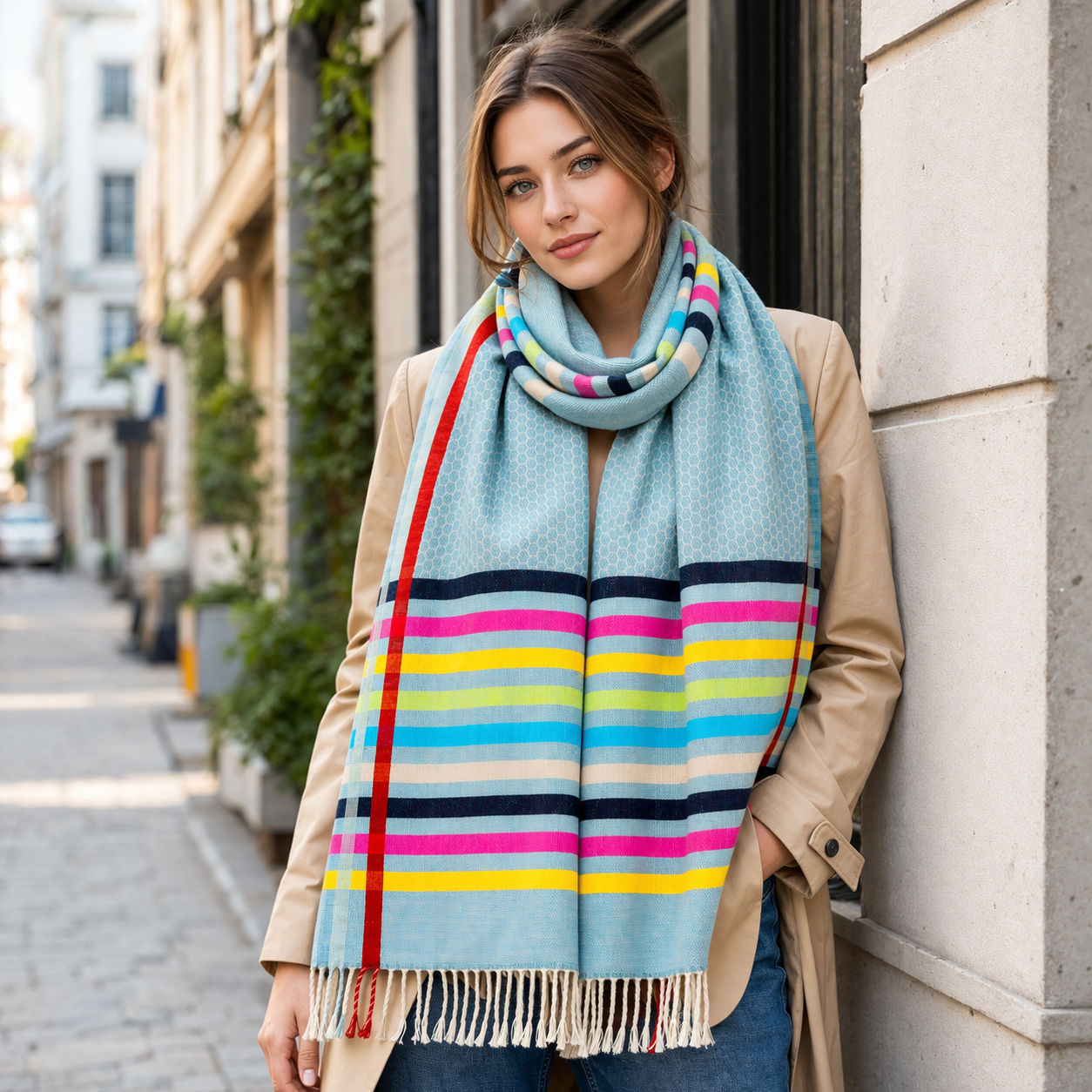 Blue Wool Chain Pattern Scarf With Metallic Silk Stripes